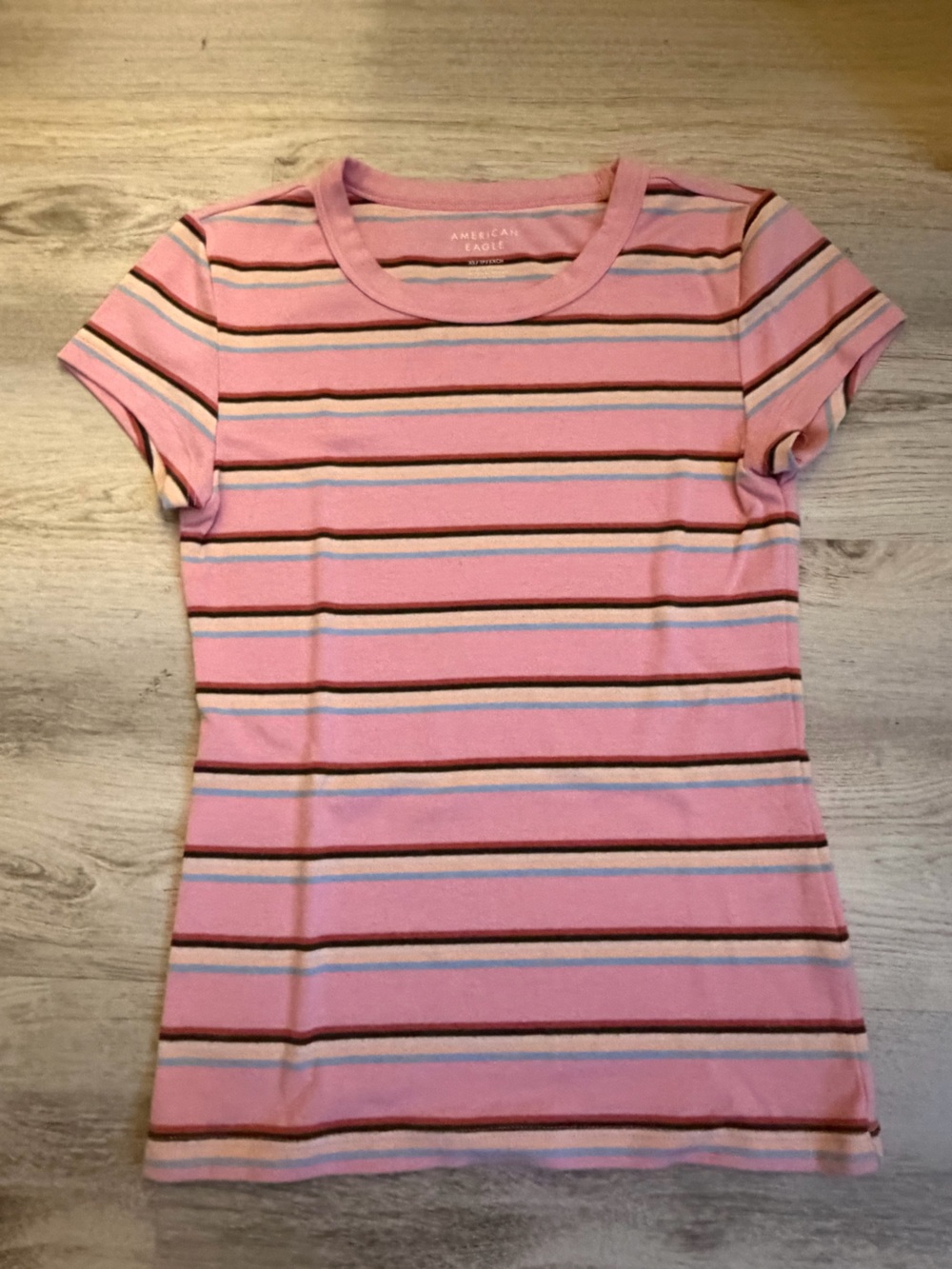 American Eagle Outfitters Pink Striped Short Sleeve Tee with Multicolor Bands